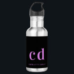 Black purple monogram name modern 532 ml water bottle<br><div class="desc">A classic black background. Pink purple coloured text. Personalise and add your monogram initials and your name.</div>