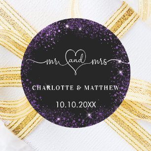Black purple mr mrs heart wedding classic round sticker