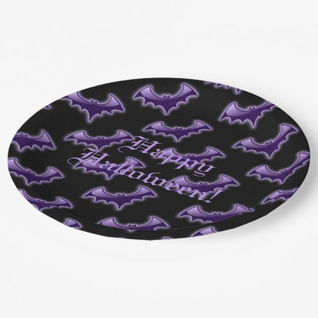 Black & Purple Night Wing Bats Paper Plates (Angled)