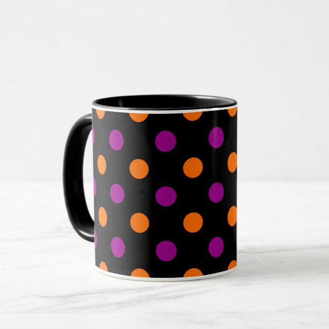 Black Purple Orange Polka Dot Pattern Mug (Front Left)