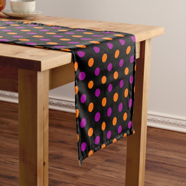 Black Purple Orange Polka Dot Pattern Short Table Runner (In Situ)