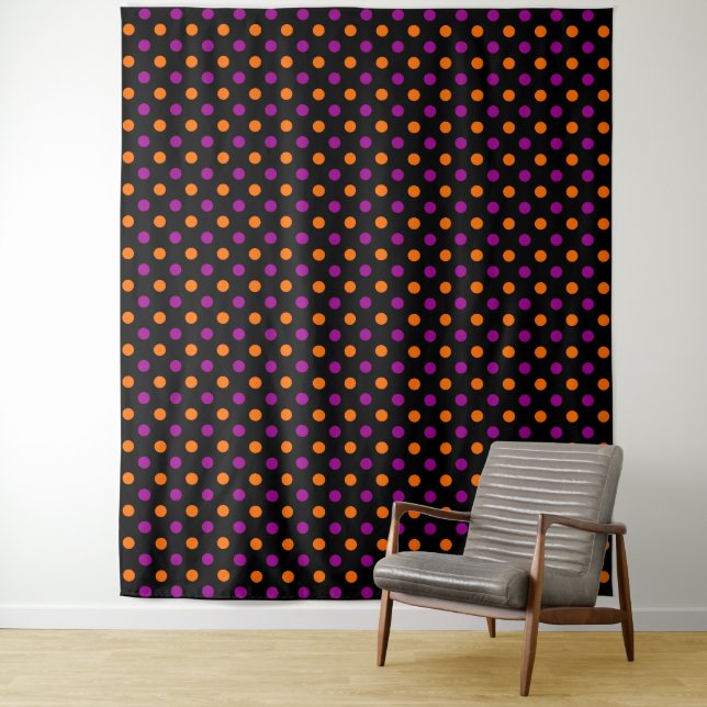 Black Purple Orange Polka Dot Pattern Tapestry (In Situ)