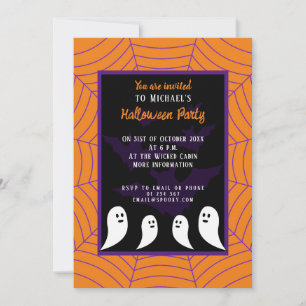 Black purple orange spider web Halloween ghost Invitation