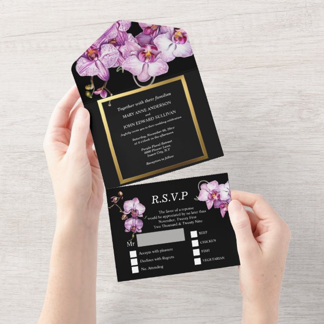 Black purple orchid flower gold wedding luxurious all in one invitation (Tearaway)