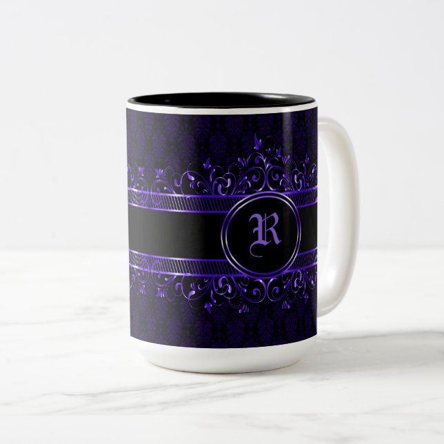 Black & Purple Ornate Gothic Monogrammed Two-Tone Coffee Mug (Front Right)