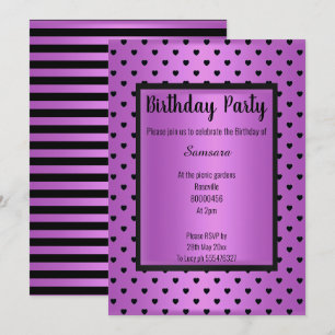 BLACK PURPLE PATTERN HEART STRIPE ALL OCCASION INVITATION