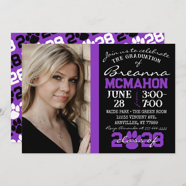 Black & Purple Paw Graduation Photo Invitation ( Repeating Class Year 1 & 2 Photo Graduation Invitations & Announcements)