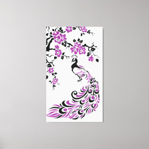 Black, purple peacock and cherry blossoms custom canvas print