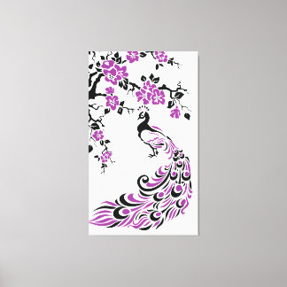Black, purple peacock and cherry blossoms custom canvas print