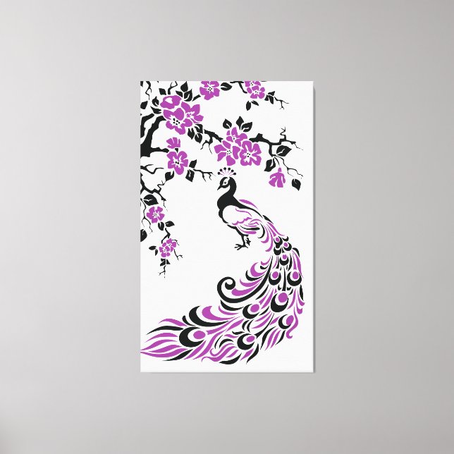 Black, purple peacock and cherry blossoms custom canvas print (Front)