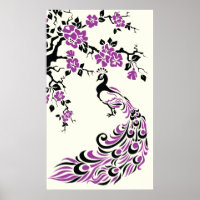 Black purple peacock and cherry blossoms poster