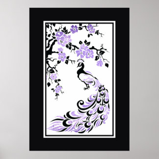 Black, purple peacock and cherry blossoms poster