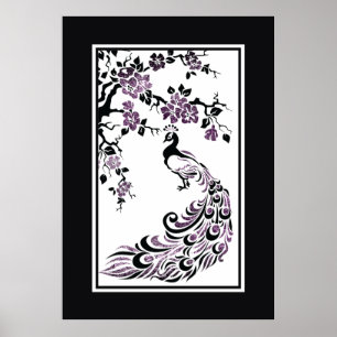 Black, purple peacock and pretty blossoms poster