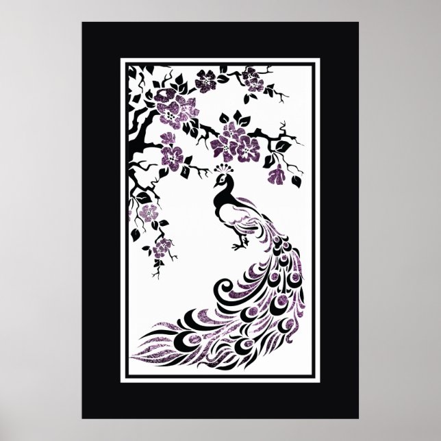 Black, purple peacock and pretty blossoms poster (Front)