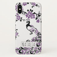 Black purple peacock & cherry blossoms art nouveau