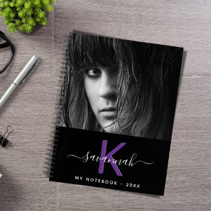 Black purple photo name monogram script notebook
