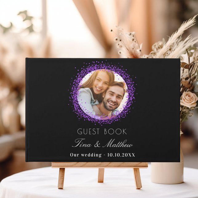 Black purple photo sparkles elegant wedding guest book (Creator Uploaded)