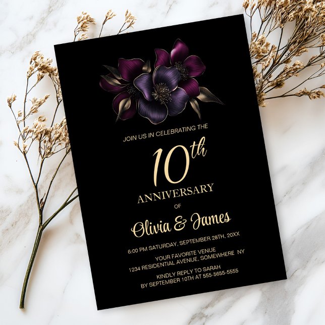 Black Purple Pink Floral 10th Anniversary Invitation (Creator Uploaded)