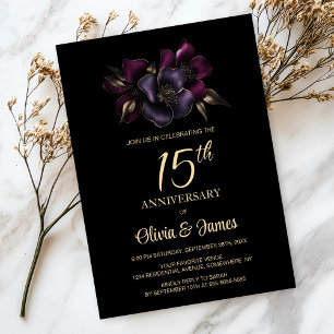 Black Purple Pink Floral 15th Anniversary Invitation
