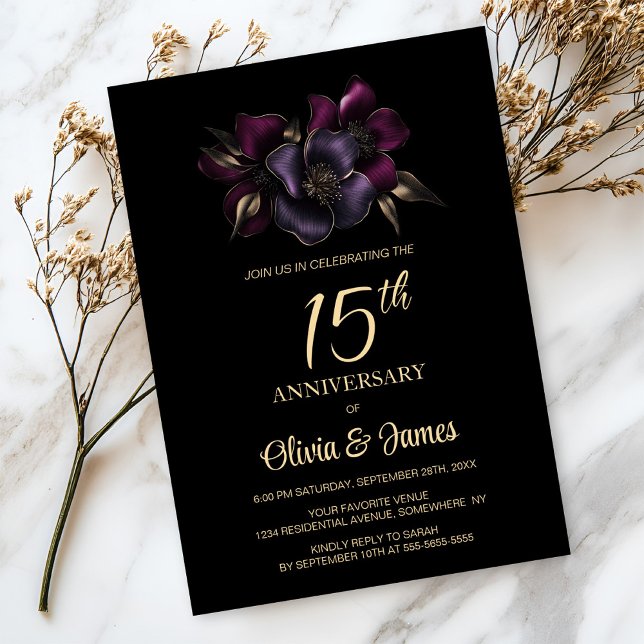Black Purple Pink Floral 15th Anniversary Invitation (Creator Uploaded)