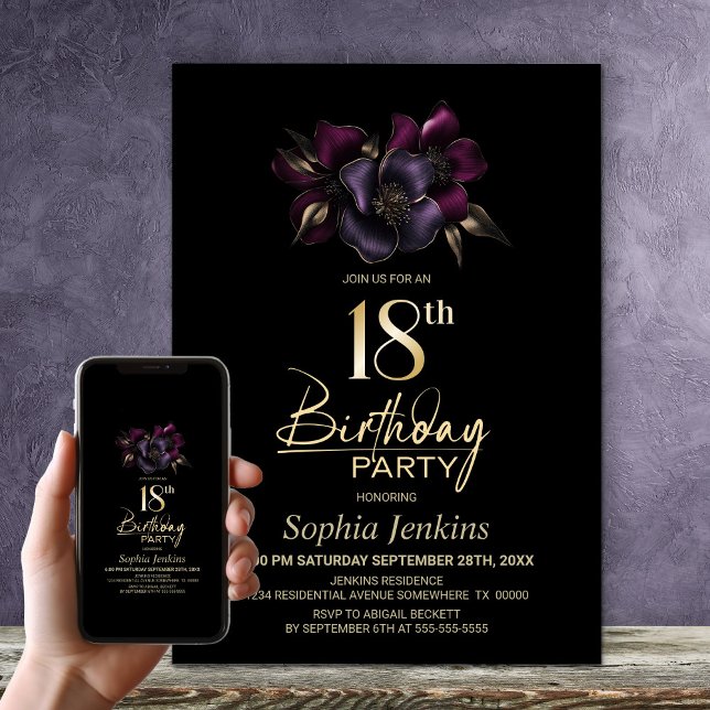 Black Purple Pink Floral 18th Birthday Party Invitation (Creator Uploaded)