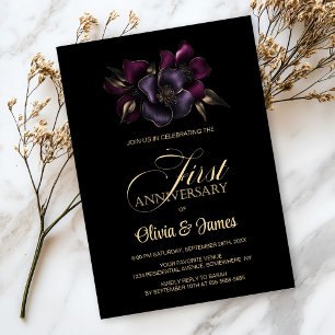 Black Purple Pink Floral 1st Wedding Anniversary Invitation