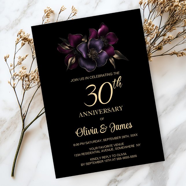 Black Purple Pink Floral 30th Anniversary Invitation (Creator Uploaded)