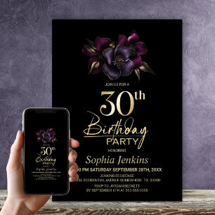 Black Purple Pink Floral 30th Birthday Party Invitation