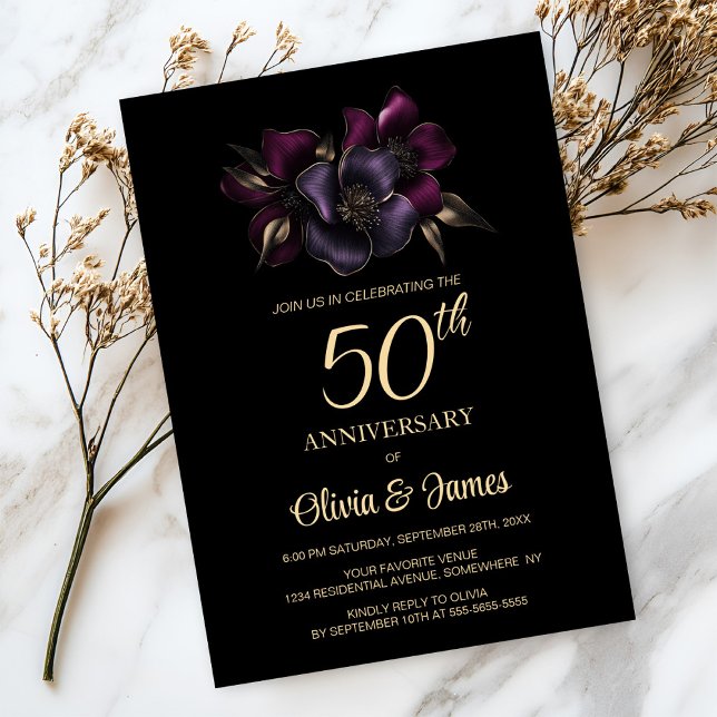 Black Purple Pink Floral 50th Anniversary Invitation (Creator Uploaded)