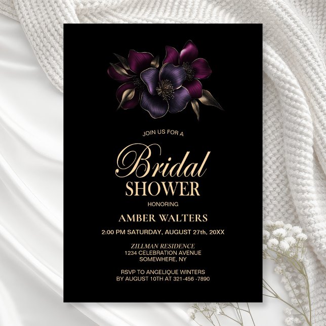 Black Purple Pink Floral Bridal Shower Invitation (Creator Uploaded)