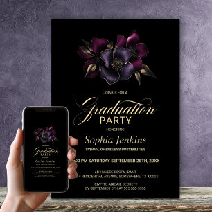 Black Purple Pink Floral Graduation Party Invitation