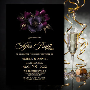 Black Purple Pink Floral Wedding After Party Invitation