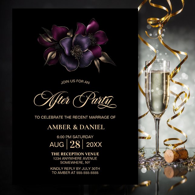 Black Purple Pink Floral Wedding After Party Invitation (Creator Uploaded)