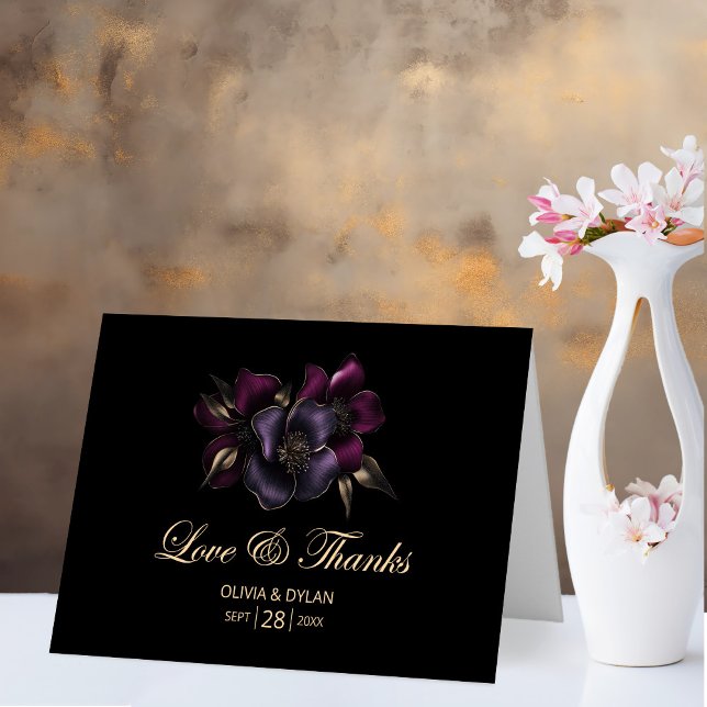 Black Purple Pink Floral Wedding Thank You Card (Creator Uploaded)