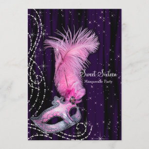 Black Purple Pink Sweet 16 Masquerade Party Invitation