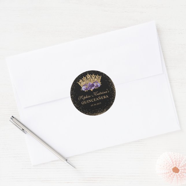 Black Purple Plum Gold Glitter Floral Quinceanera Classic Round Sticker (Envelope)