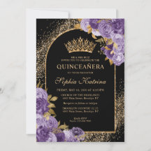 Black Purple Plum Gold Glitter Floral Quinceanera