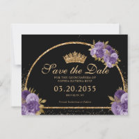 Black Purple Plum Gold Glitter Floral Quinceanera