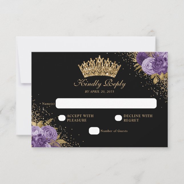 Black Purple Plum Gold Glitter Floral Quinceanera RSVP Card (Front)