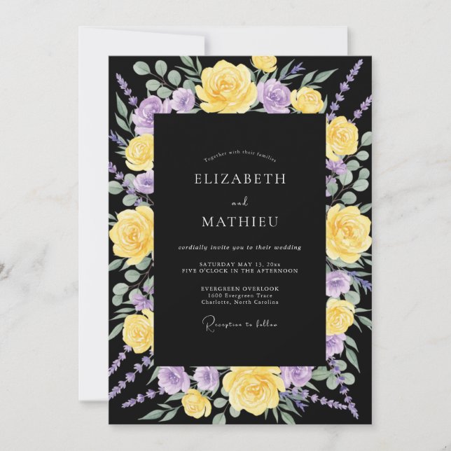 Black Purple Ranunculus Muted Eucalyptus Wedding Invitation (Front)