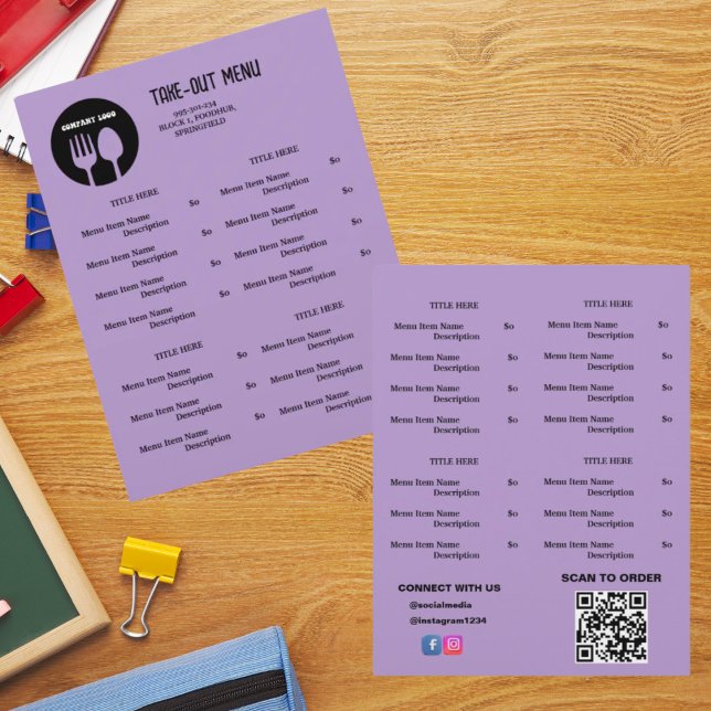 Black Purple Restaurant Take Out Menu with QR Code (Creator Uploaded)