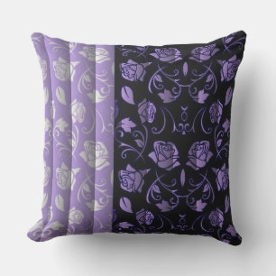 Black & Purple Rose Floral Panels Throw Pillow