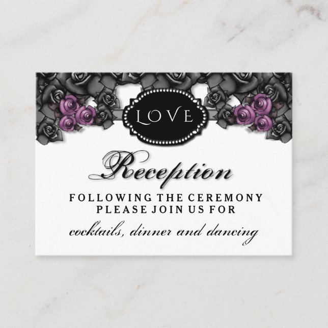 Black Purple Rose LOVE Halloween Wedding Reception Enclosure Card (Front)