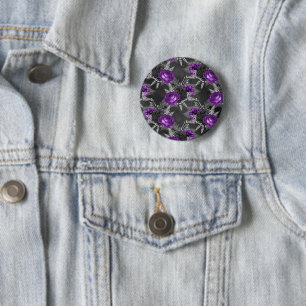 Black Purple Roses Silver Leaves Dark Garden 6 Cm Round Badge