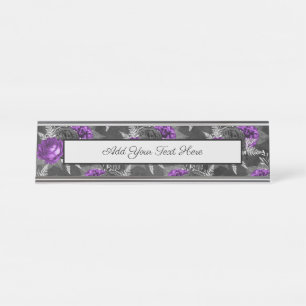 Black Purple Roses Silver Leaves Dark Garden Desk Name Plate