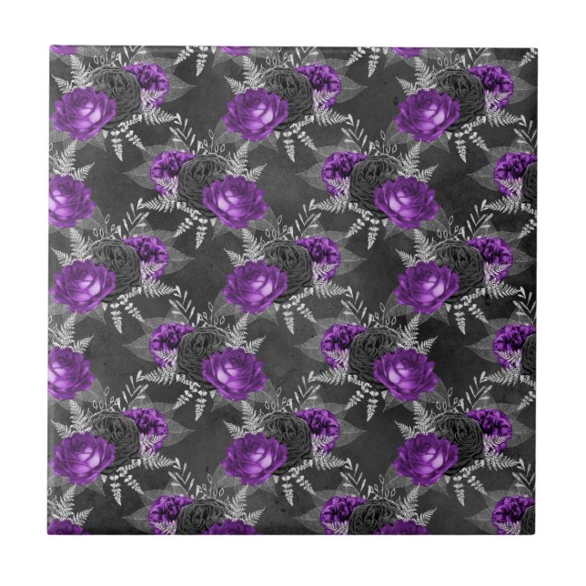 Black Purple Roses Silver Leaves Dark Garden Tile (Front)