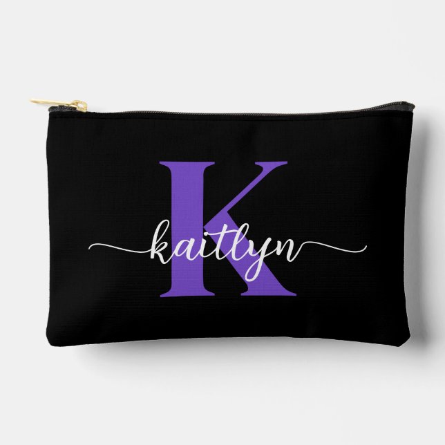 Black Purple Script Monogram Accessory Pouch (Front)