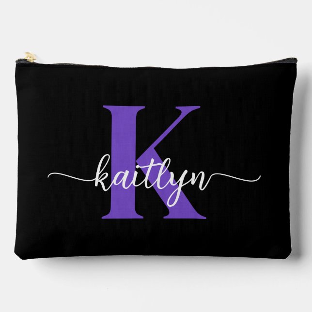 Black Purple Script Monogram Accessory Pouch (Front)