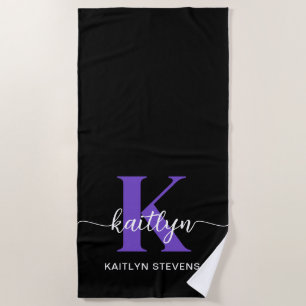Black Purple Script Monogram Beach Towel