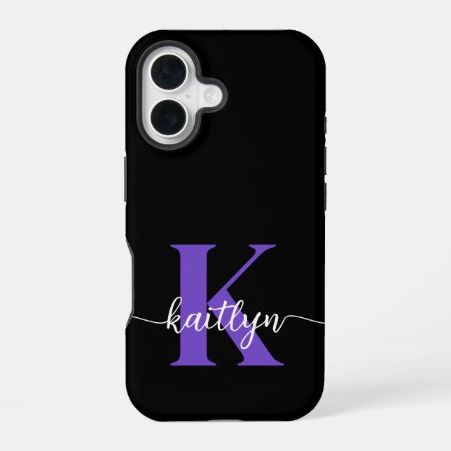 Black Purple Script Monogram iPhone 16 Case (Back)